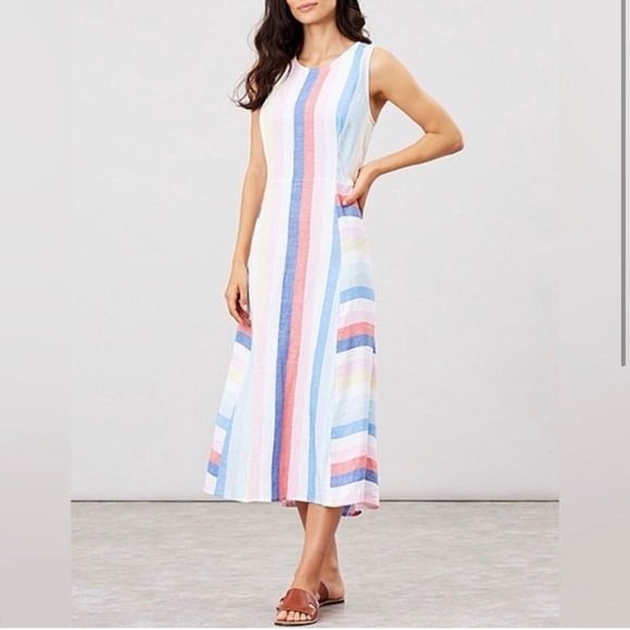 Joules Casual Linen-Blend Chrissie Midi Dress in MULTSTRIPE Size 12 - Picture 1 of 13